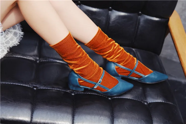 HUI GUAN Harajuku классические ретро вертикальные полосы Blingbling длинные носки женские мягкие винтажные бархатные однотонные корейские стильные носки