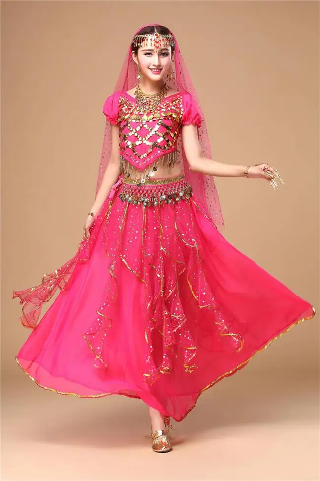 Сексуальный набор костюма для танца живота 5 шт(топ+ юбка+ пояс+ повязка на голову+ вуаль) Болливуд/индийские танцевальные костюмы одежда для танца живота - Цвет: Rose red