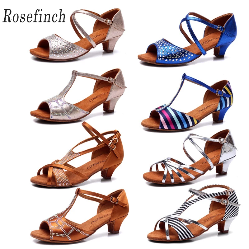 Rhinestone Decorated Girls Latin Dance Shoes Satin PU 8 Colors Children