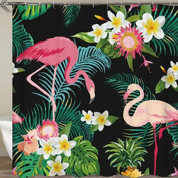 

Flamigo shower curtain with hooks fabric 3d bathroom shower curtains waterproof Tropical bathroom curtain Or mat