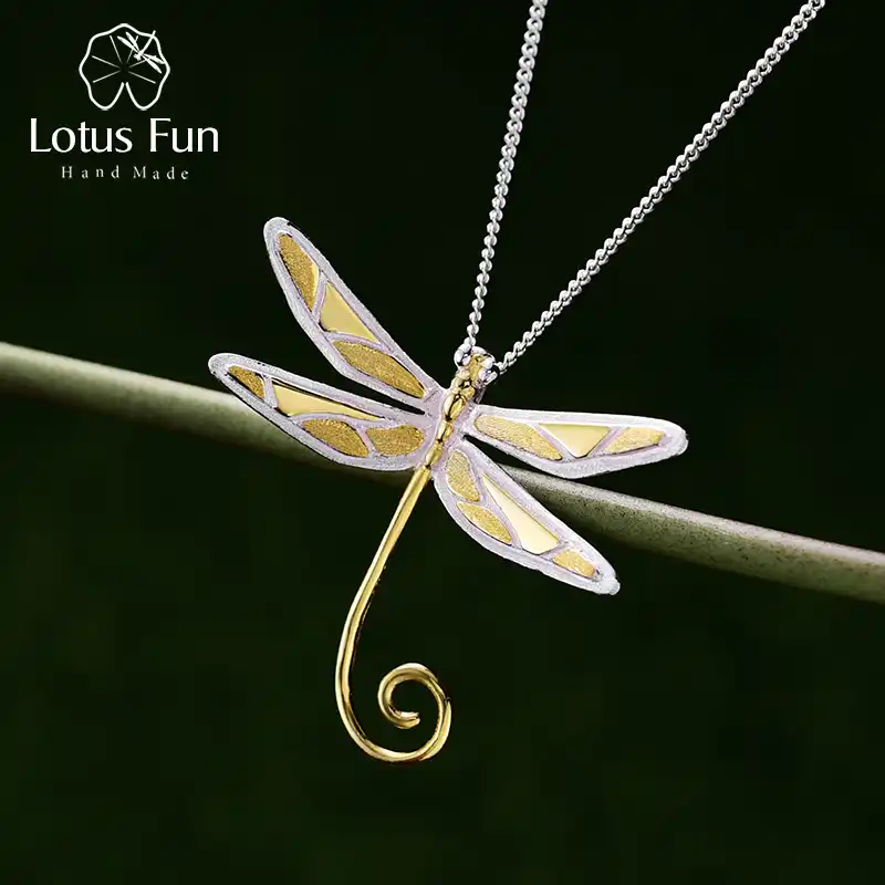 Lotus Fun S925 Sterling Silver Pendant Creative Dragonfly Design Natural Handmade Unique Jewellery for Women and Girls