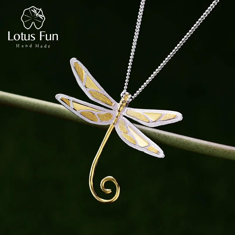 Lotus весело Настоящее стерлингового серебра 925 природных Стиль ручной работы Fine Jewelry милый Стрекоза кулон без