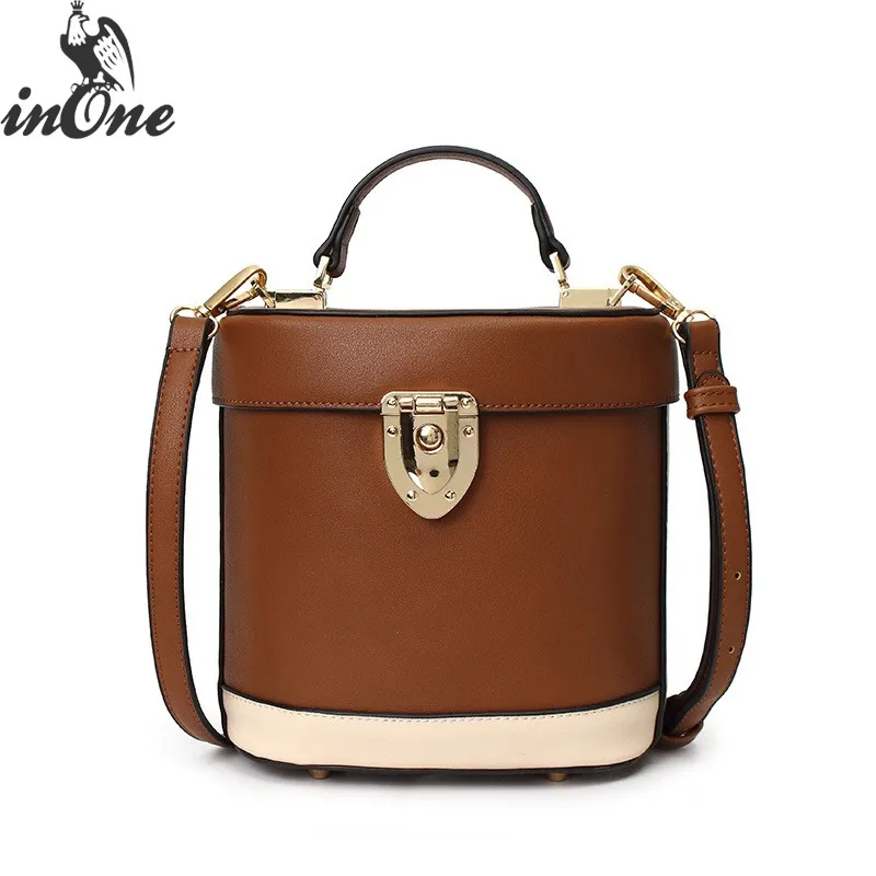 INONE Vegan Leather Solid Round Bucket Handbag Crossbody Messenger Shoulder Travel Bags for ...