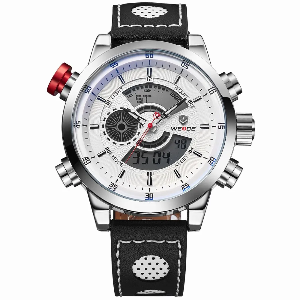 New Sale WEIDE Military Watches Men Luxury Brand Japan Quartz White Dial Solf Leather Strap Analog Digital Diving Men Wristwatch