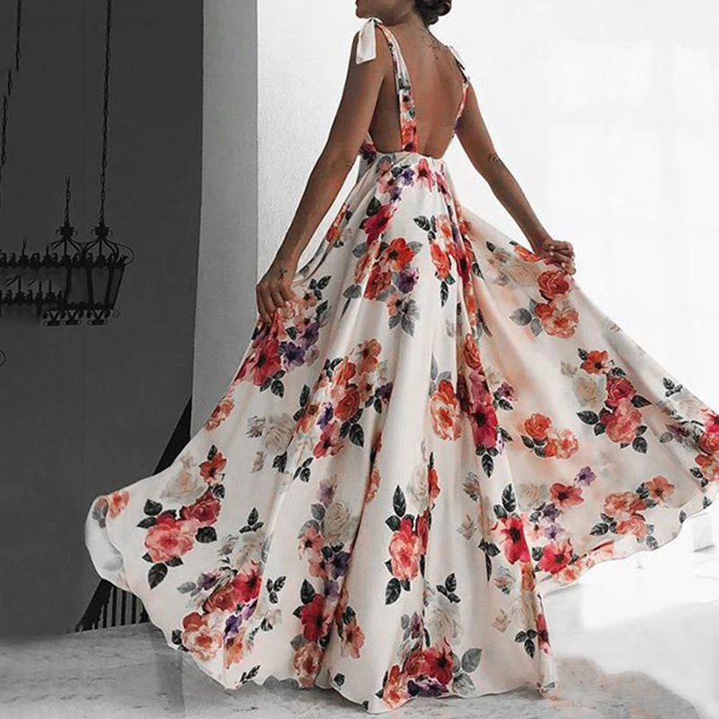 

Women Ladies Dress Clothing Boho Floral Sexy V-Neck Sleeveless Backless Beach Party Vacation A-line Maxi Dress
