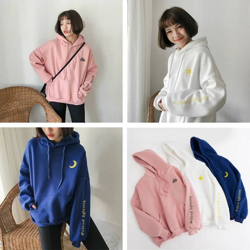 2018 New Preppy Style Moon Sun Letter Embroidery Hoodies Female Sweet Cute Hooded Sewarshirt Women Harajuku Pullover Sudaderas Hoodies