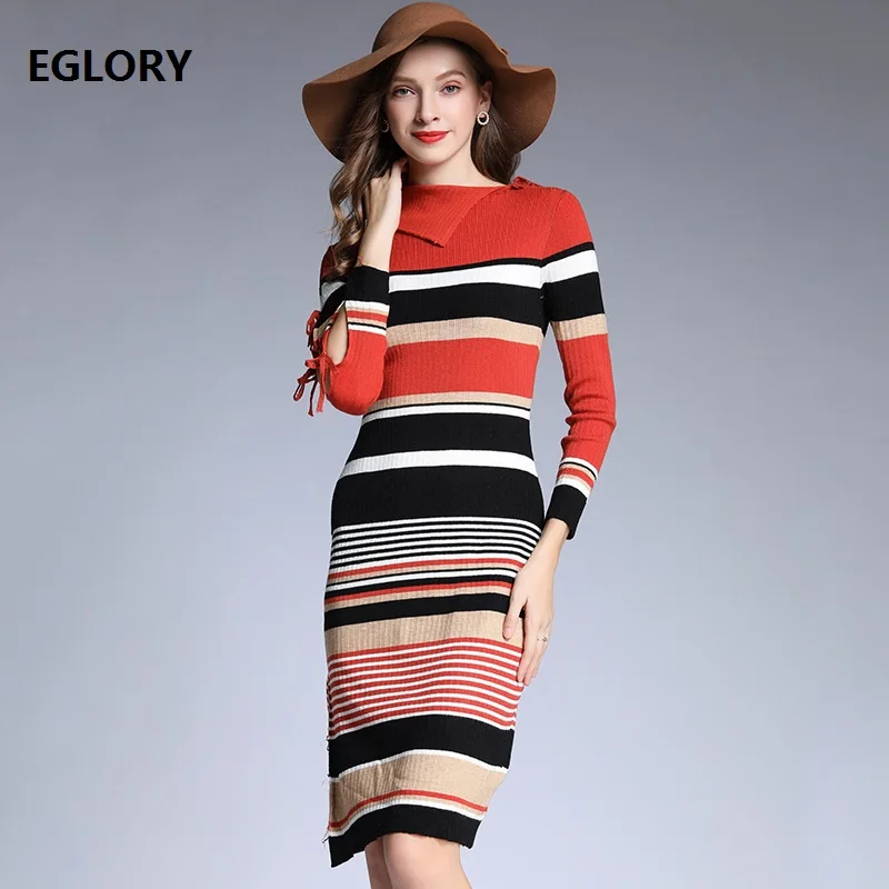 

High Quality Knitted Dress New 2018 Autumn Winter Striped Dress Women Turn-down Collar Long Sleeve Midi Sweater Dress Pullovers