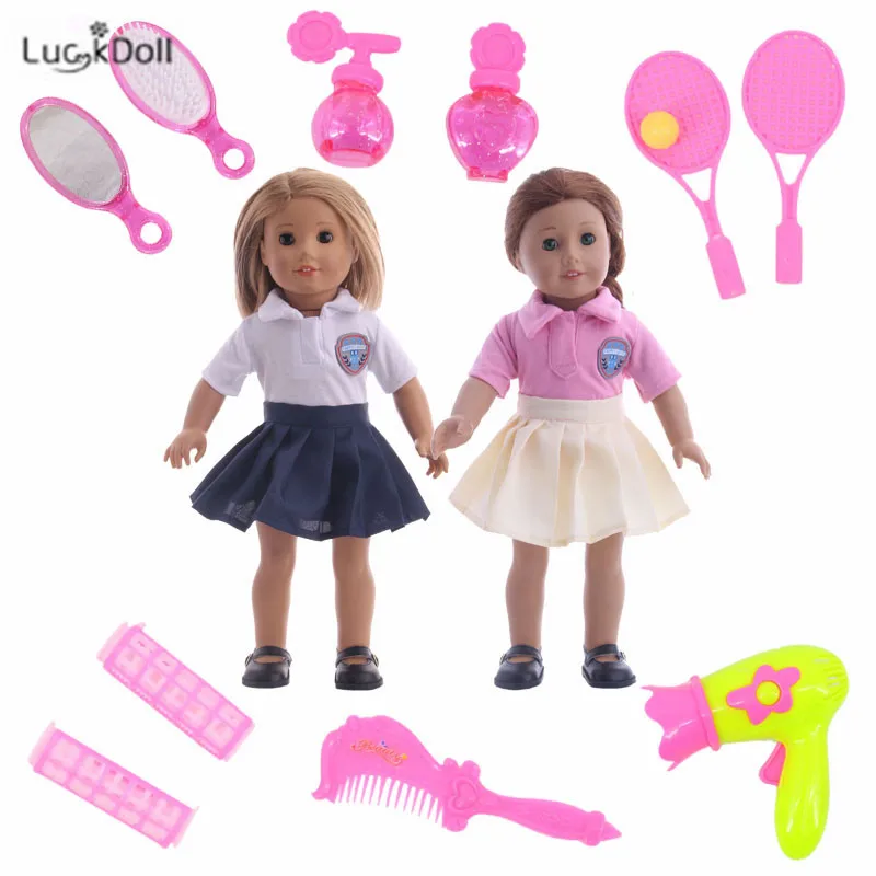

LUCKDOLL Student Uniforms,Comb + Mirror ,2 Perfume Bottles, 2 Curling Irons, Comb, Badminton Racket, for 18-inch American Doll