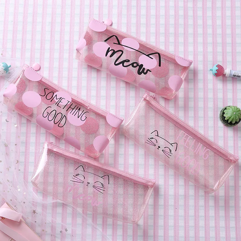 

cute transparent cat pink pvc pencil bag & case for girl stationery storage bag for school kids gift kawaii supply wholesale
