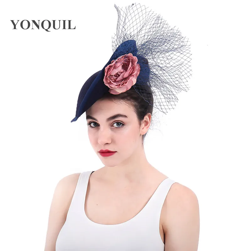 

Women Dress Fascinators Ladies Hats For Weddings Church Sinamay Fedora navy Feather Pillbox Hat With Veils Vintage Derby Hats