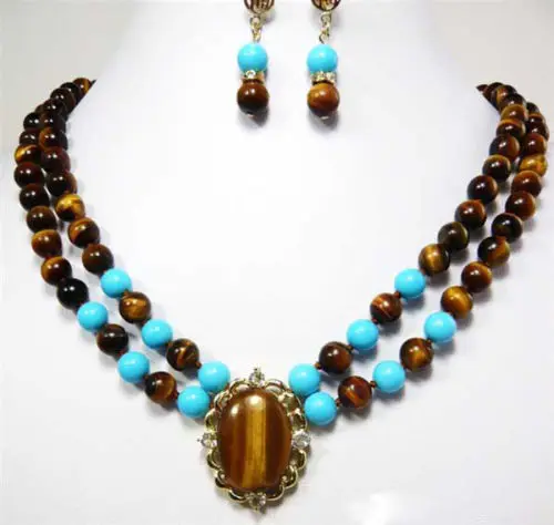 

Hot selling>>> 2 Rows Real Tigereye Opal Turquoise 18KGP Crystal Pendant Necklace Earrings -Bride jewelry free shipping