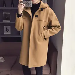 2018 зимние корейские Для мужчин модные Повседневное Свободные Твердые Цвет карман длинные шерстяные пальто с капюшоном однобортный