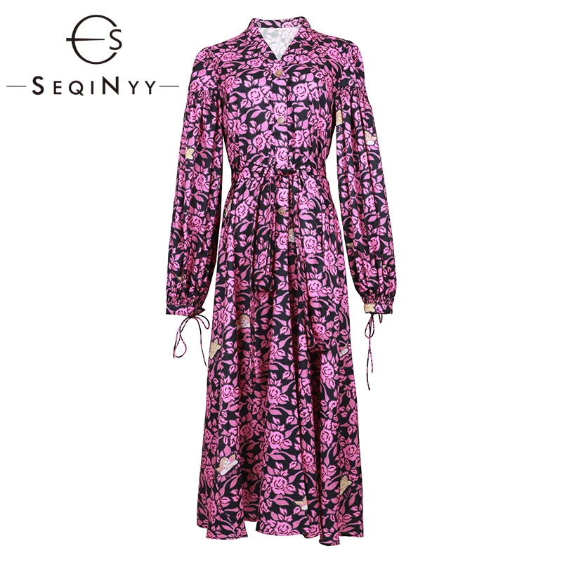 

SEQINYY Autumn Spring Dress 2020 New Fashion Design Long Lantern Sleeve High Quality Purple Angel Flowers Printed Dress Women