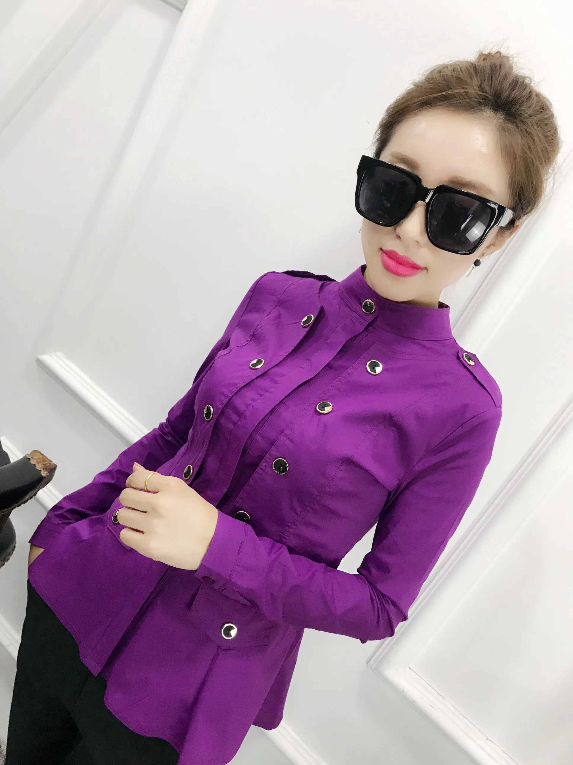  2020 Spring 6 Color Long Sleeve Stand Collar Strethy Cotton Shirts Women Peplum Tops Ruffles Cotton