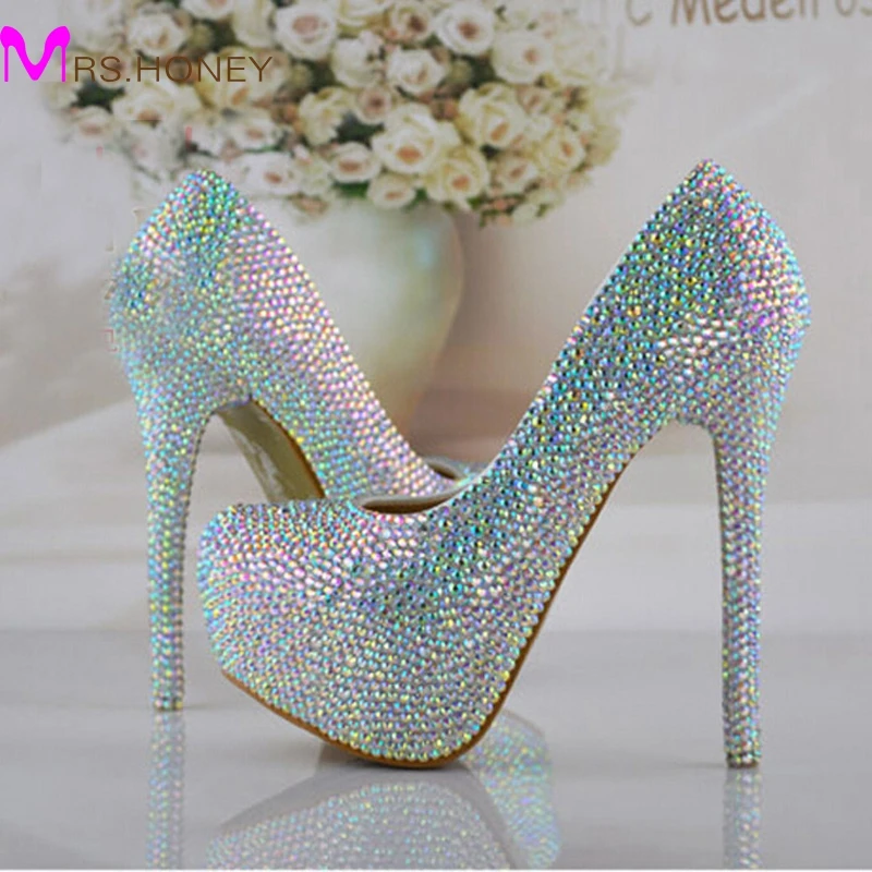 Size 34-43 Wedding Bridal Shoes AB Crystal Bling Bling Cinderella Shoes Amazing Bridal High Heels Prom Evening Party Pumps