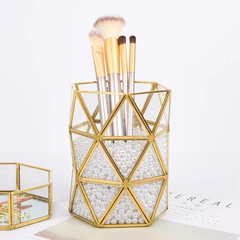 

Gold Glass Women Makeup Brush Organizers Jewelry Necklace Earrings Display Eye Shadow Brush Storage Holder Accessories Supplies