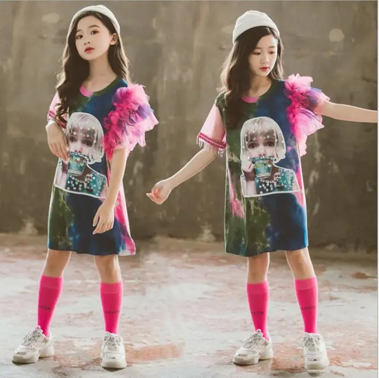 Летнее платье в Корейском стиле с оборками для девочек модные хлопковые сетчатые платья для девочек от 4 до 9 лет, B928