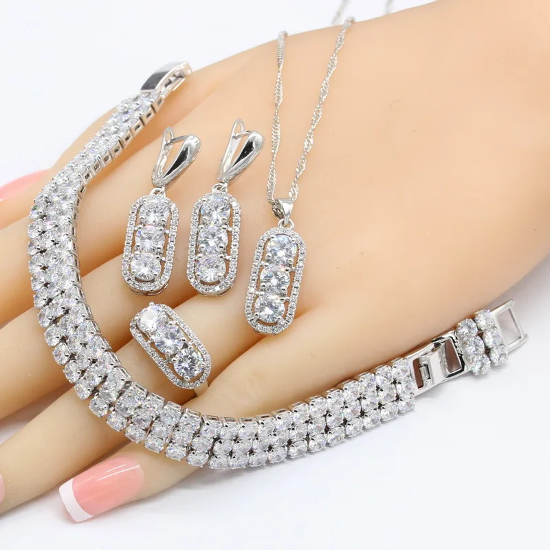 

Women 925 Silver Bridal Jewelry Sets White Zirconia Necklace Pendant Earrings Ring Bracelet Free Gift Box