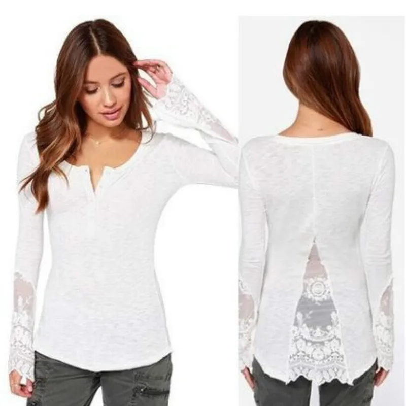 

Fashion New Womens Long Sleeve Causal Lace Slim White T Shirt Tops Size S-4XL stitching split dovetail bottoming shirt
