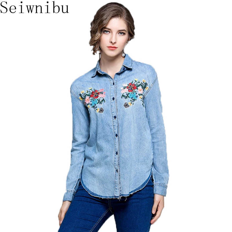 Seiwnibu Autumn Women Embroidered Denim shirt Casual Vintage Shirts ...