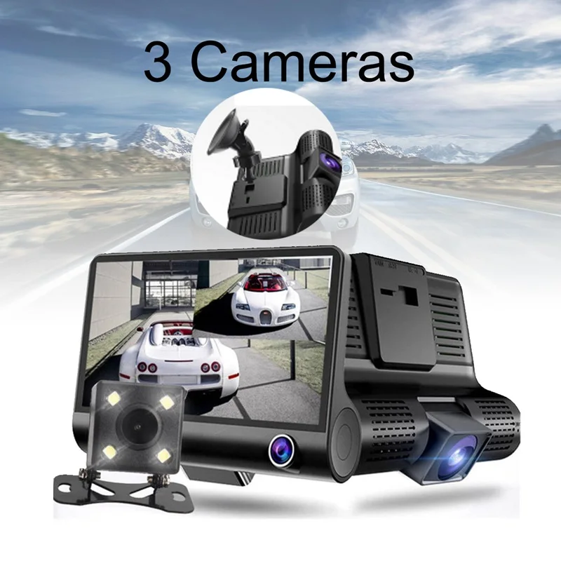 4 дюйма HD 1080P три объектива автомобиля тире камера ночного видения Cam Видео вождения рекордер присоска кронштейн