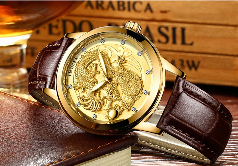 Новинка, мужские часы, подлинные, водонепроницаемые, s, золотой дракон, скульптура, кварцевые часы, бренд FNGEEN, роскошные мужские стальные наручные часы