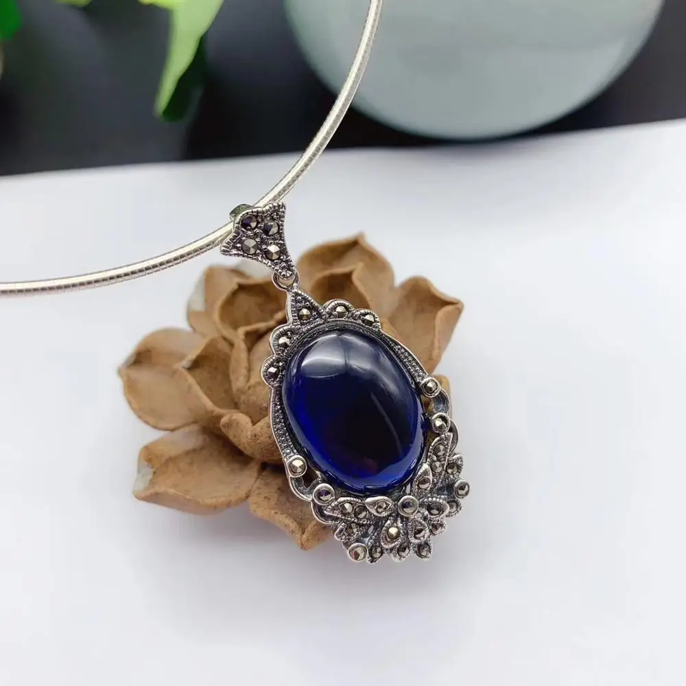 

Sterling S925 Silver Pendant For Women Lady Girl Blue Corundum Zircon Oval Pendant 37*22mm Fashion Hot 2019 (Only Pendant)