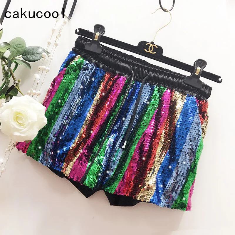 

Cakucool Women Summer Chiffon Shorts Loose Elastic Shorts Rainbow Colorful Sequined Bling Vocation Party Shorts Capris Female