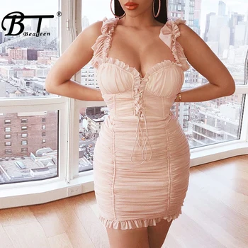 

Beateen Fashion 2018 New Women's Sexy Strapless Strap V Neck Lace Up Bodycon Draped Party Club Dress Sheath Lady Dress