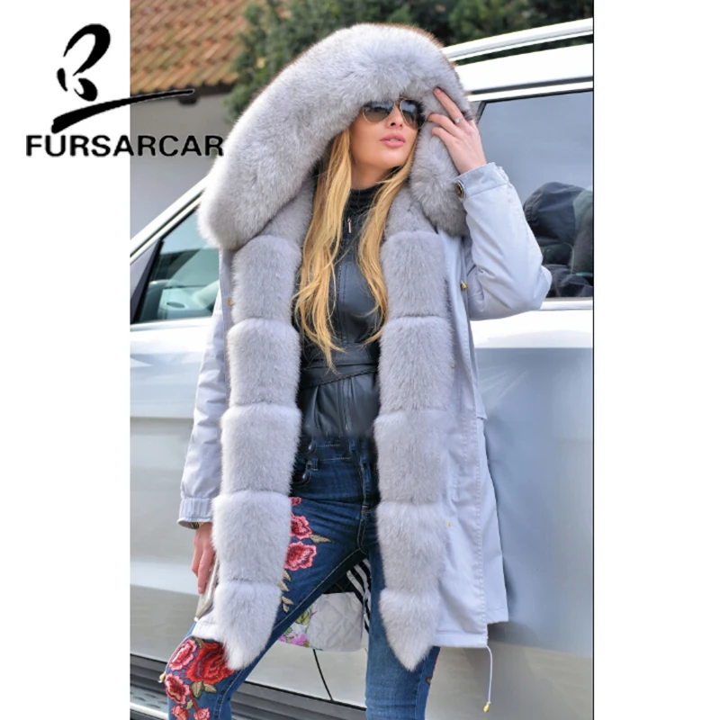 

FURSARCAR New Type Women Real Fur Coat Luxury Winter Thick Warm Fur Parka With Fox Fur Trim Hood And Cuff Top Quality Parka