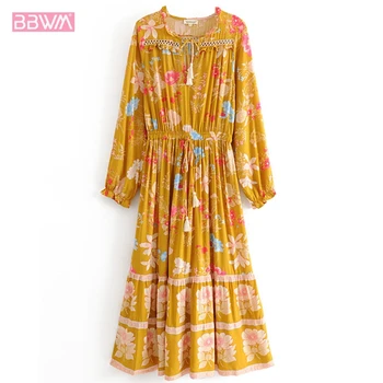 

Round neck sleeved ethnic style female dress 2019 new fashion trend wild slim slimming printed ruffle Fringed Women's dresses