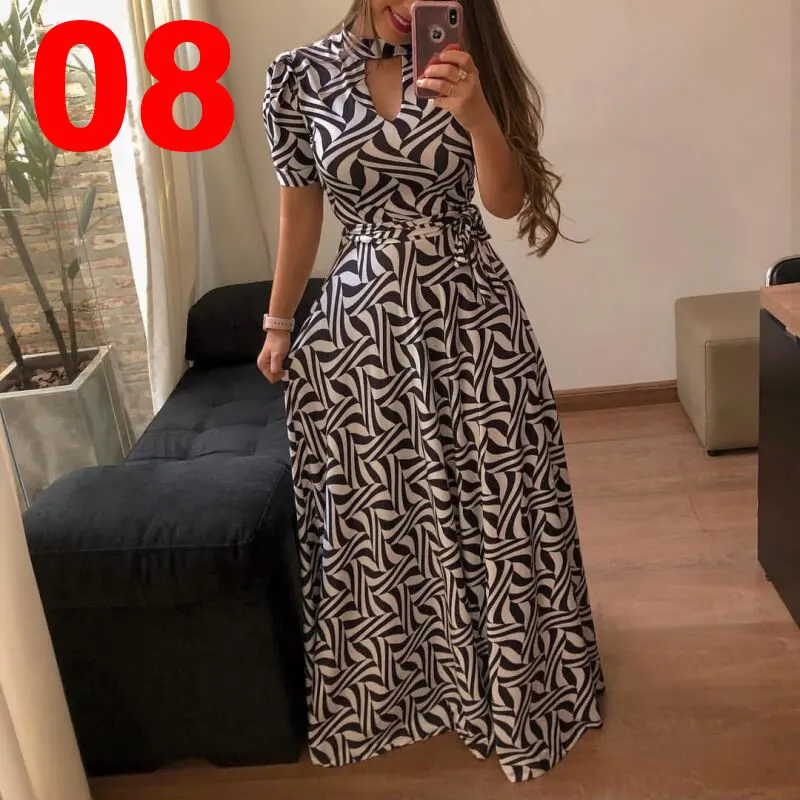 short sleeve 8 По сравнению с Размеры Повседневное Для женщин летнее платье из набивной ткани роковой вечерние платья Для женщин пуловер размера плюс уличная длинное Бандажное Макси платье - Цвет: short sleeve 8