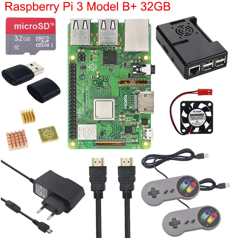 Raspberry Pi 3 Model B+ плюс игровой стартовый комплект+ sd-карта 16G 32G+ геймпад+ чехол+ вентилятор+ мощность+ радиатор+ кабель HDMI для RetroPie - Комплект: Bundle 2