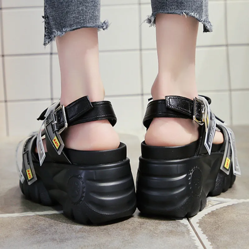 Women's Platform Sandals Summer White Black Wedge High Heels Shoes Female Leather Casual Chunky Sandals Buckle Beach Shoes