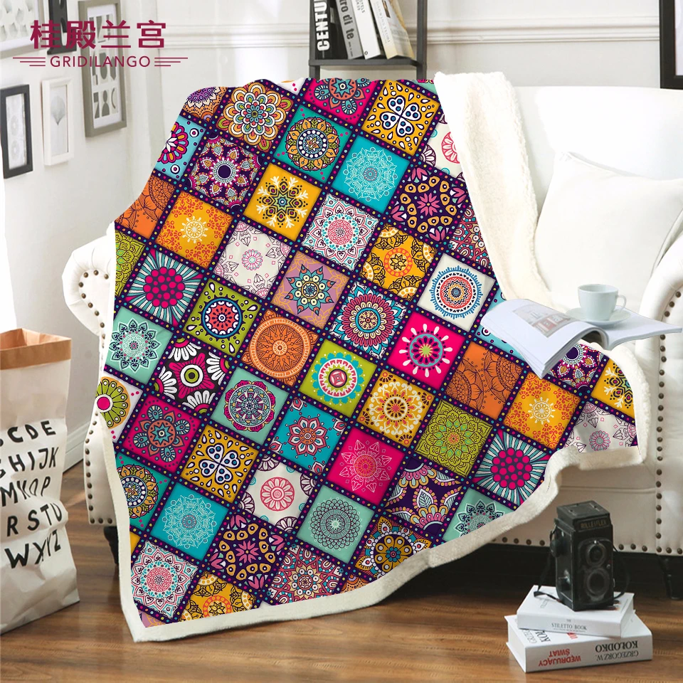 

Mandala Seamless Colorful Square Microfiber Bed Blanket Plush Sherpa Bohemian Throw Blanket Custom Home Textiles Manta Dropship