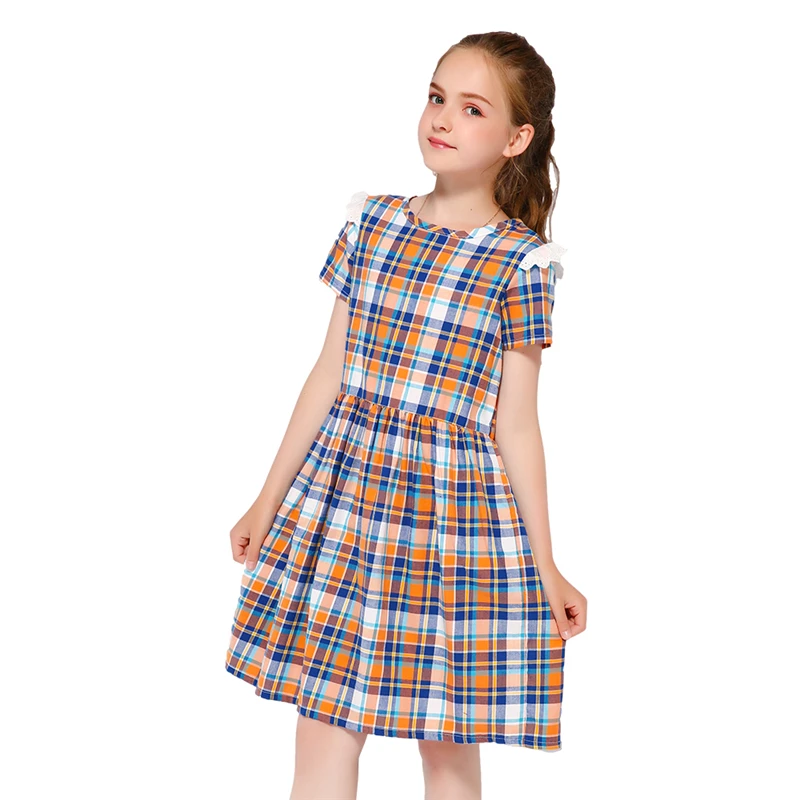 Kseniya Kids/детские кружевные хлопковые платья для девочек в клетку короткий рукав платье для День рождения школьная ежедневно Весна, лето, осень