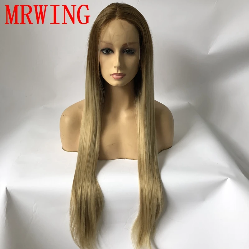 MRWIG middle part long brown dark roots ombre blonde long front lace