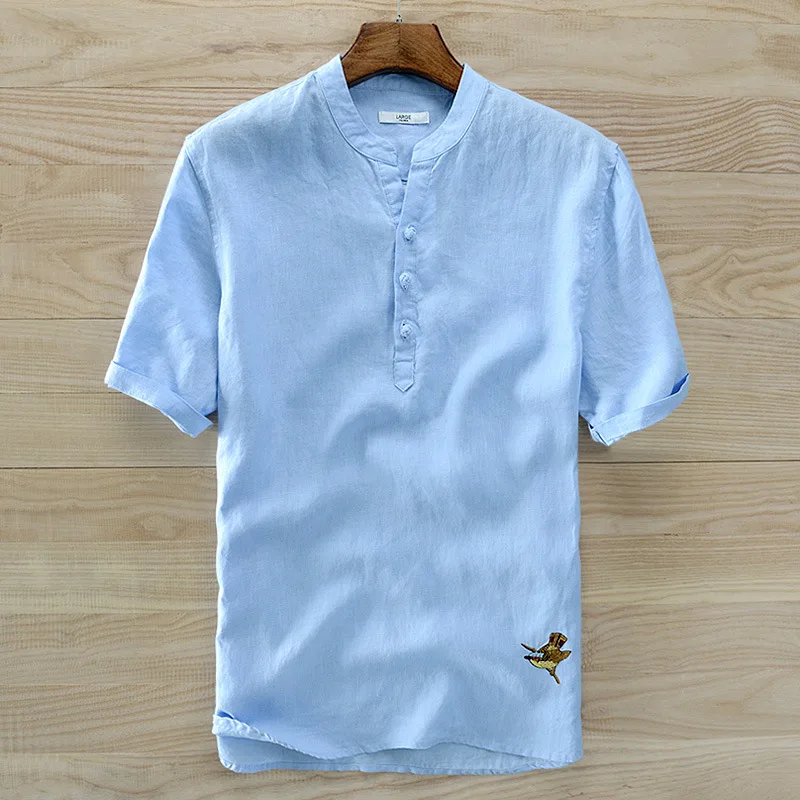 Mens Pullover Linen Shirts Short Sleeve Summer Breathable Mens Quality Casual Shirts Slim Fit