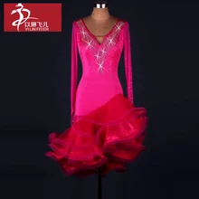 Women Ballroom tango dresses V-neck long sleeve dance clothes latin dance dress girl ballroom dance competition dresses