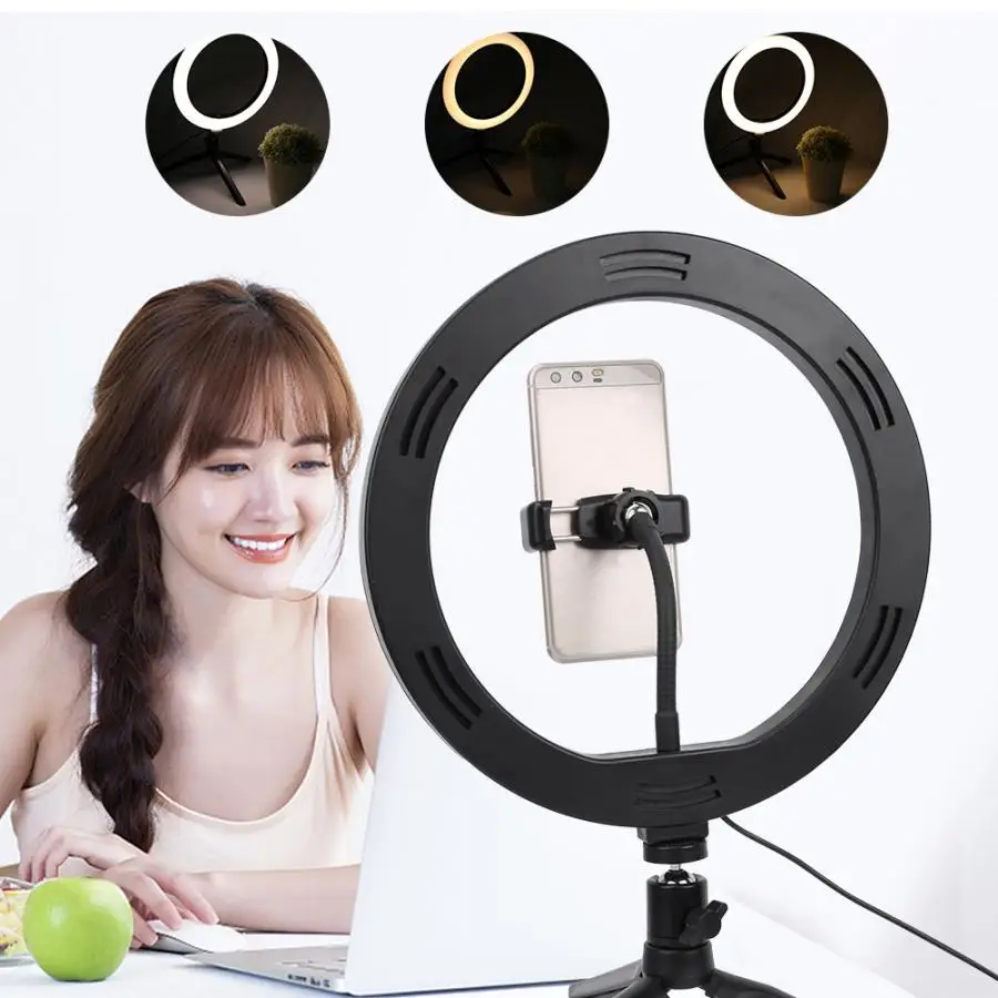 

10in Portable LED Ring Light Fill Lamp with Mini Desktop Tripod Phone Clamp for Makeup Selfie Ring Light