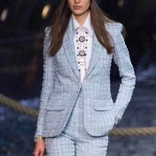 Бренд Runway, весна-осень, светильник, голубой твид, пиджаки для женщин, воротник-шаль, модное клетчатое переплетенное пальто Y103