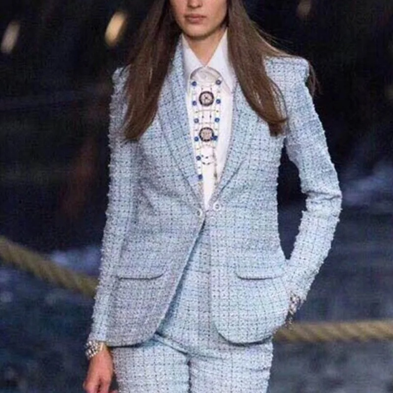 

Brand Runway 2019 Spring Autumn New Light Blue Tweed Blazers Women Shawl Collar Fashion Plaid Weave Coats Y103