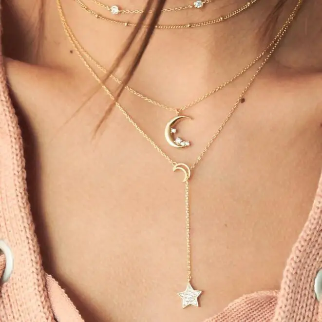 Fashion Jewelry ~Crystal Celestial Moon and Star Pendant Necklaces Goldtone Moon