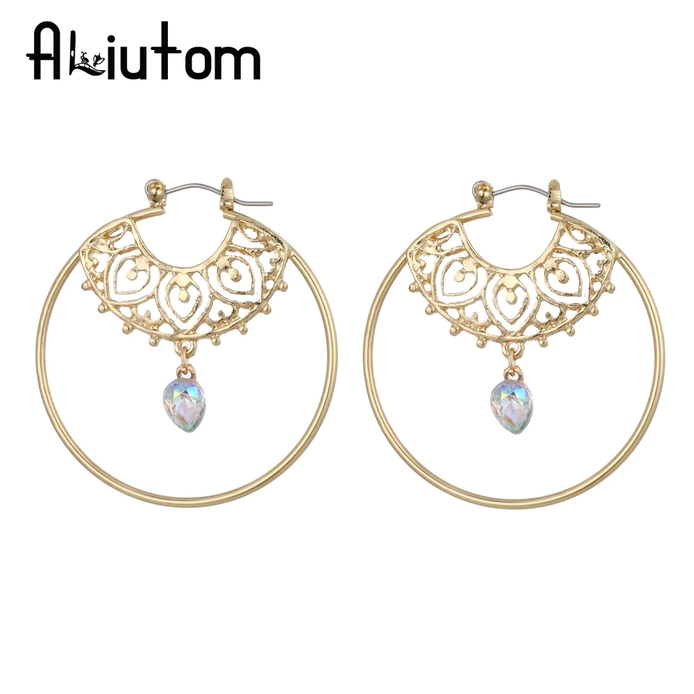 

ALIUTOM Vintage Trendy Gold Color Hoop Earrings For Women Bohemian Crystal Statement Geometry Round Creole Earring Pierce Jewelr