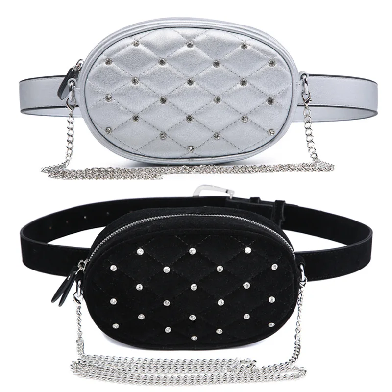 Goedkoop Funmardi Diamant Ontwerp Taille Packs Zilver Gewatteerde Pu Lederen Schoudertassen Fluwelen Zwarte Taille Tas Mode Vrouwen Tas WLHB1741