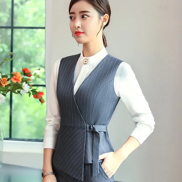 gray stripe vest Осень модный жилет OL профессиональный женский полосатый Спецодежда тонкий v-образный вырез официальные жилеты в офисном стиле Плюс Размер Топы - Цвет: gray stripe vest