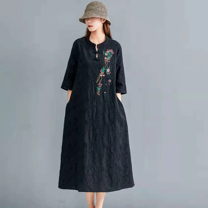 Китайское платье cheongsam qipao, современное хлопковое льняное платье cheongsam, платье cheongsam с коротким рукавом и вышивкой, женское нижнее белье - Цвет: color3