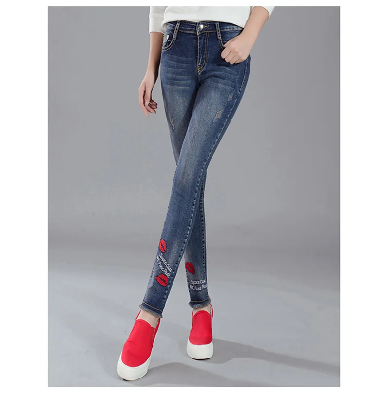 Новые обтягивающие джинсы-карандаш женские джинсовые брюки синие поцелуй женские индивидуальные стрейч талия длинные тонкие джинсы