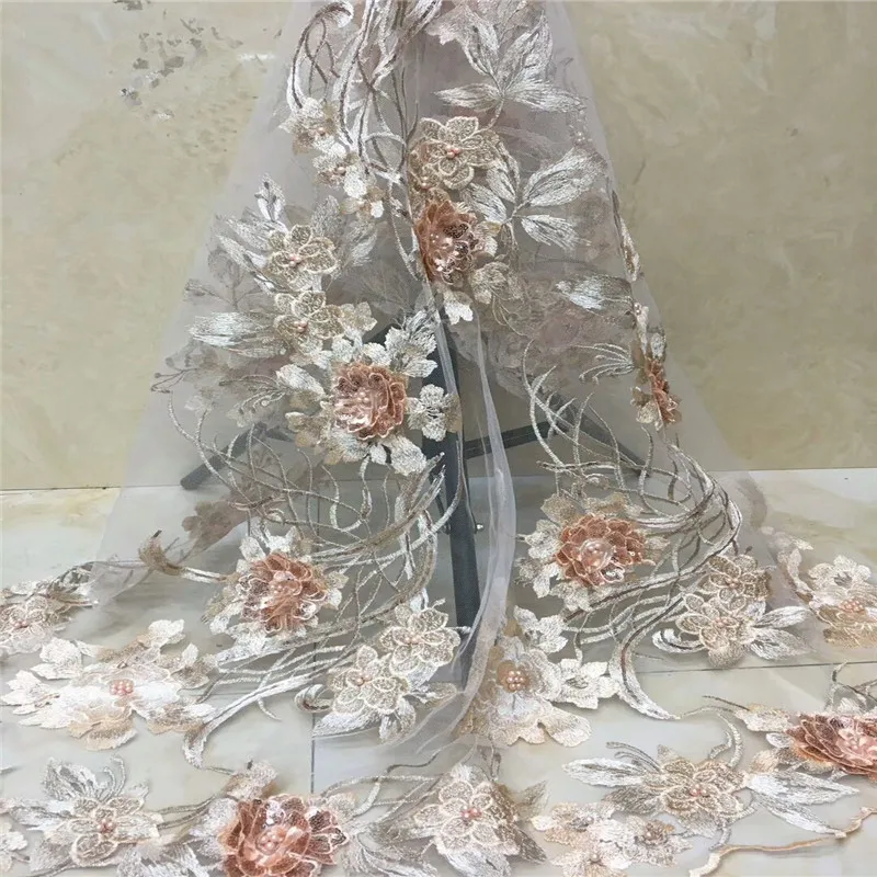 

3D Flower french lace fabric beaded 3D Flower Appliqued tulle net lace fabric with beads for women dress lace xc15-22