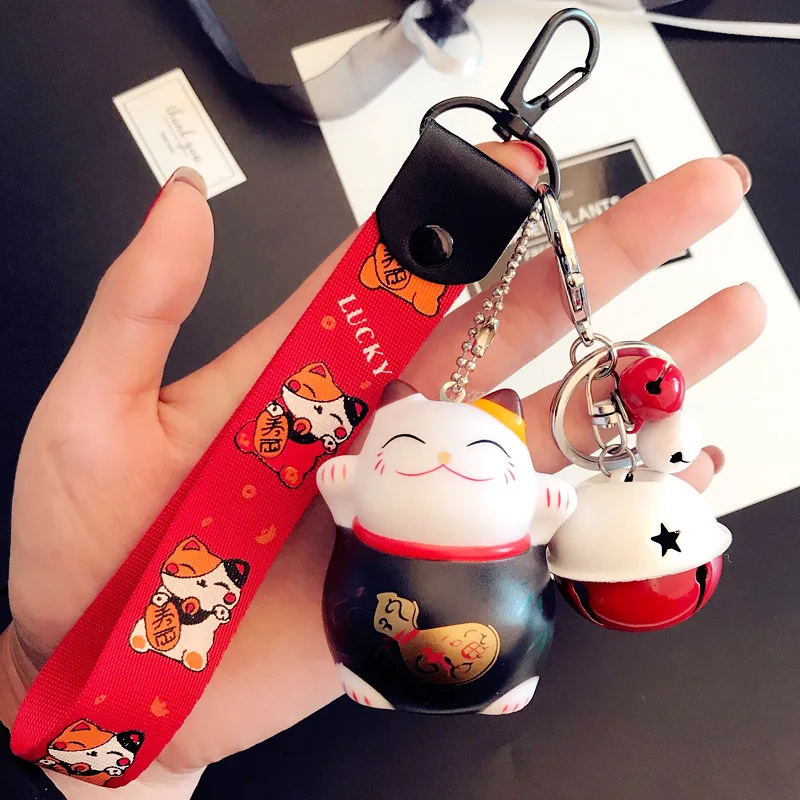 Cartoon Cute Animal Smile Face Lucky Cat Keychain Braid Belt Bells Key Ring Women Car Bag Charm Key Chains Pendant Trinkets Gift - Цвет: K5